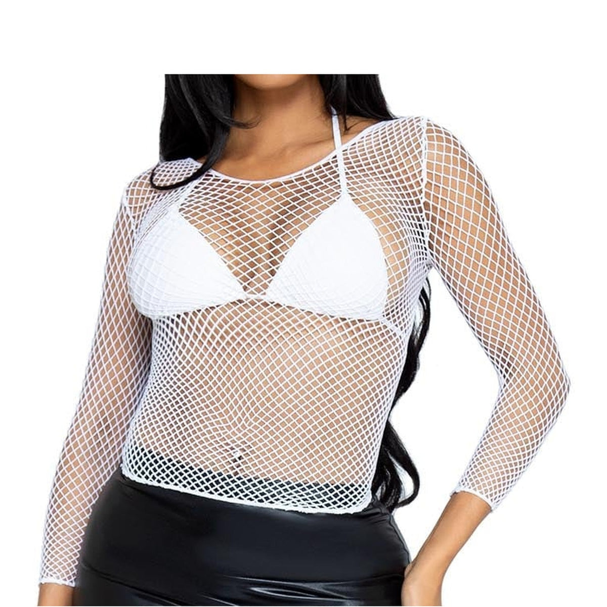 Front view of white long sleeve industrial net top - Golddiggers Boutique