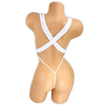 White Paige rhinestone slingshot bodysuit, back view showing criss-cross straps and thong back