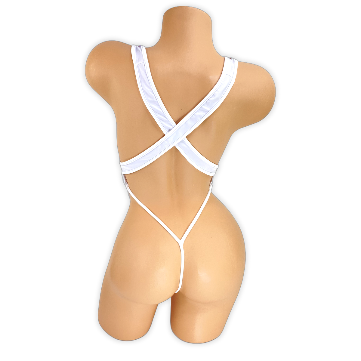 White Paige rhinestone slingshot bodysuit, back view showing criss-cross straps and thong back