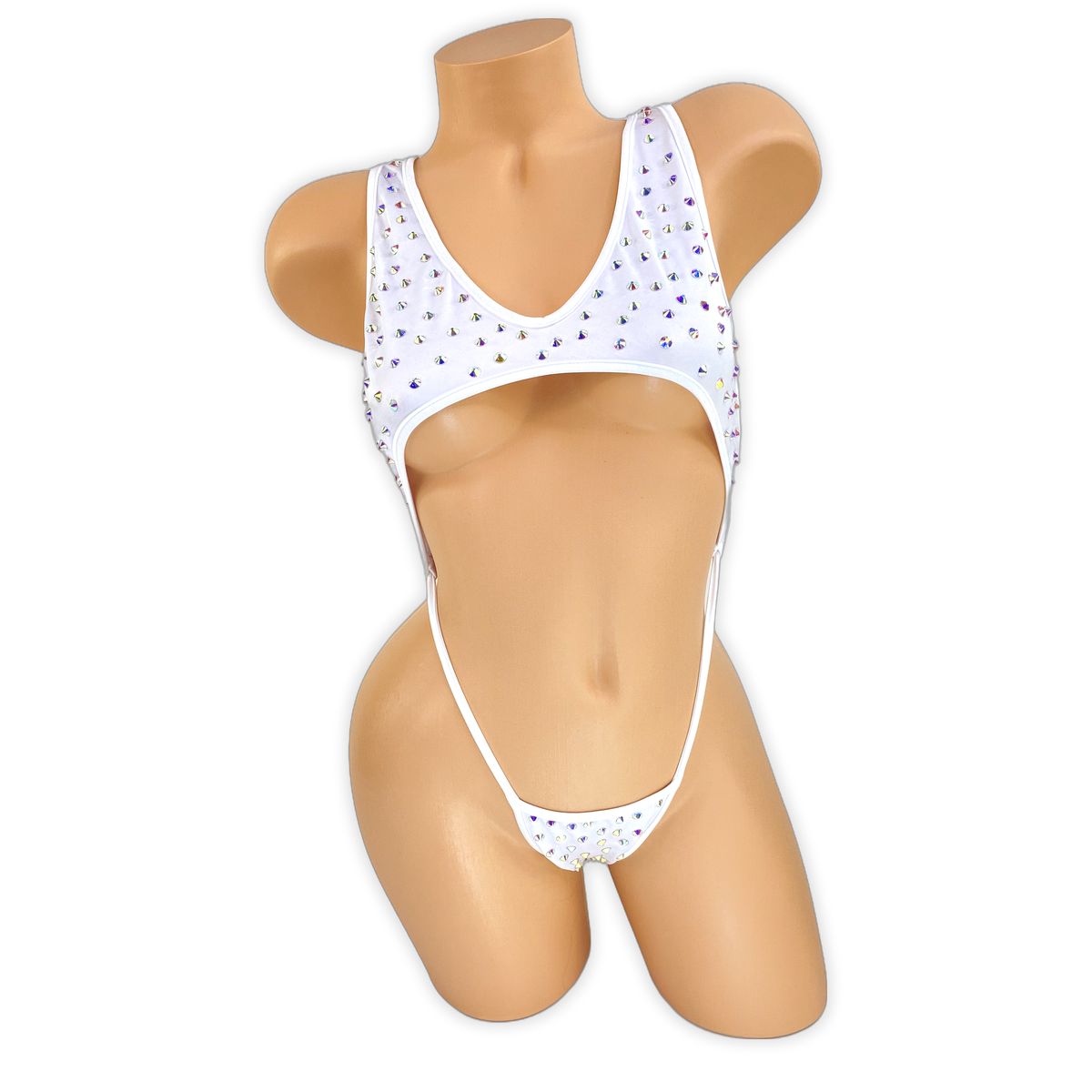 White Paige rhinestone cutout slingshot bodysuit, front view on mannequin
