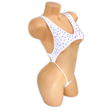 White Paige rhinestone cutout slingshot bodysuit, side view on mannequin
