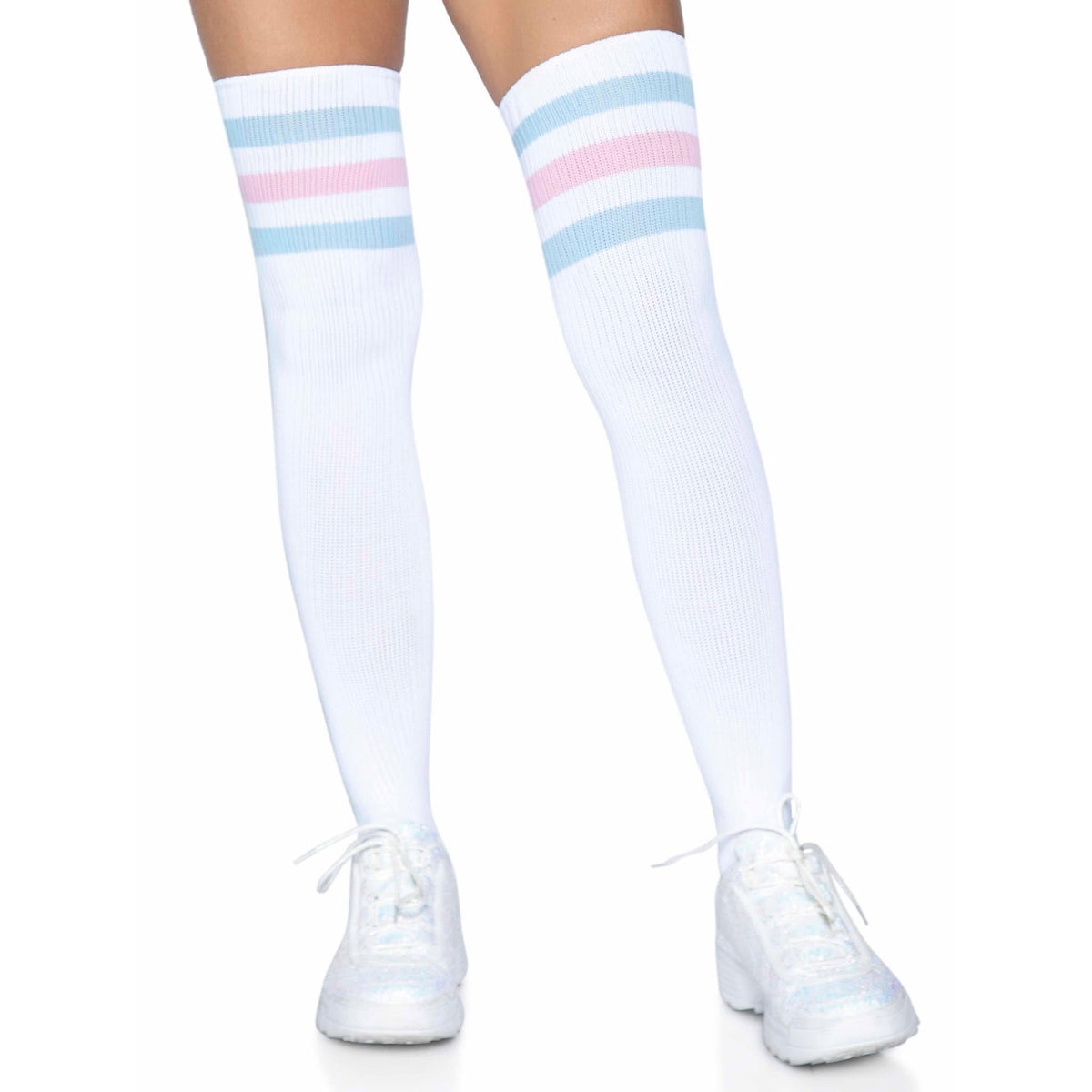 Close-up front view of white, pink & blue athletic stripe ribbed thigh high socks - Golddiggers Boutique