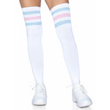 Close-up front view of white, pink & blue athletic stripe ribbed thigh high socks - Golddiggers Boutique