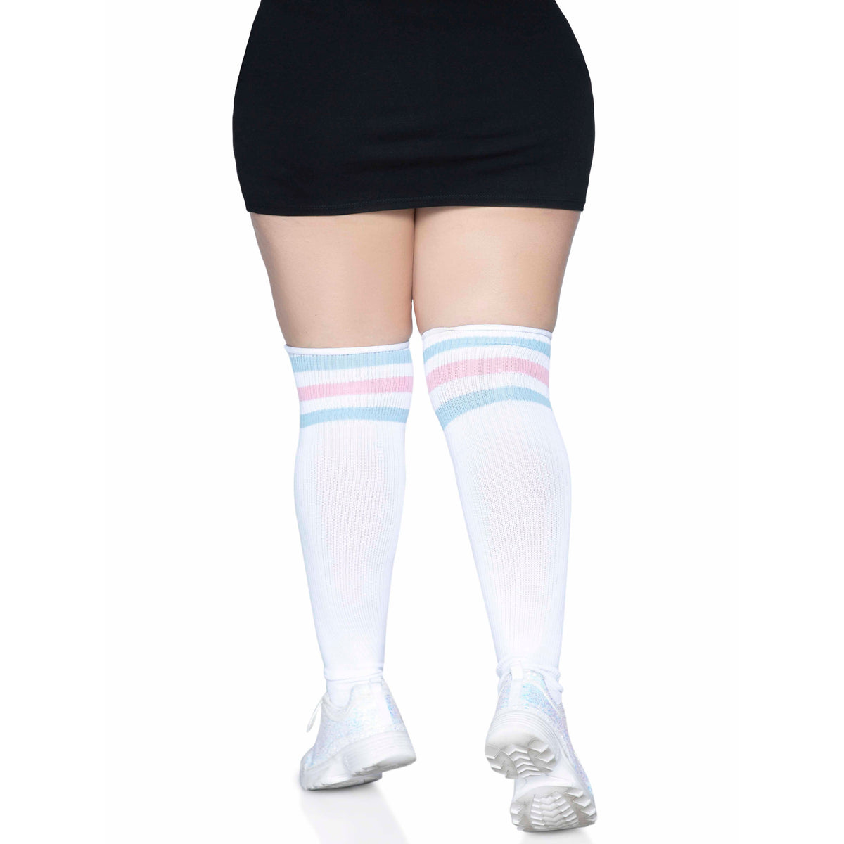 Back view of white, pink & blue plus size over the knee athletic socks - Golddiggers Boutique