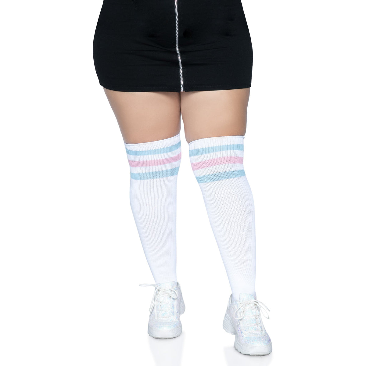Front view of white, pink & blue plus size over the knee athletic socks - Golddiggers Boutique