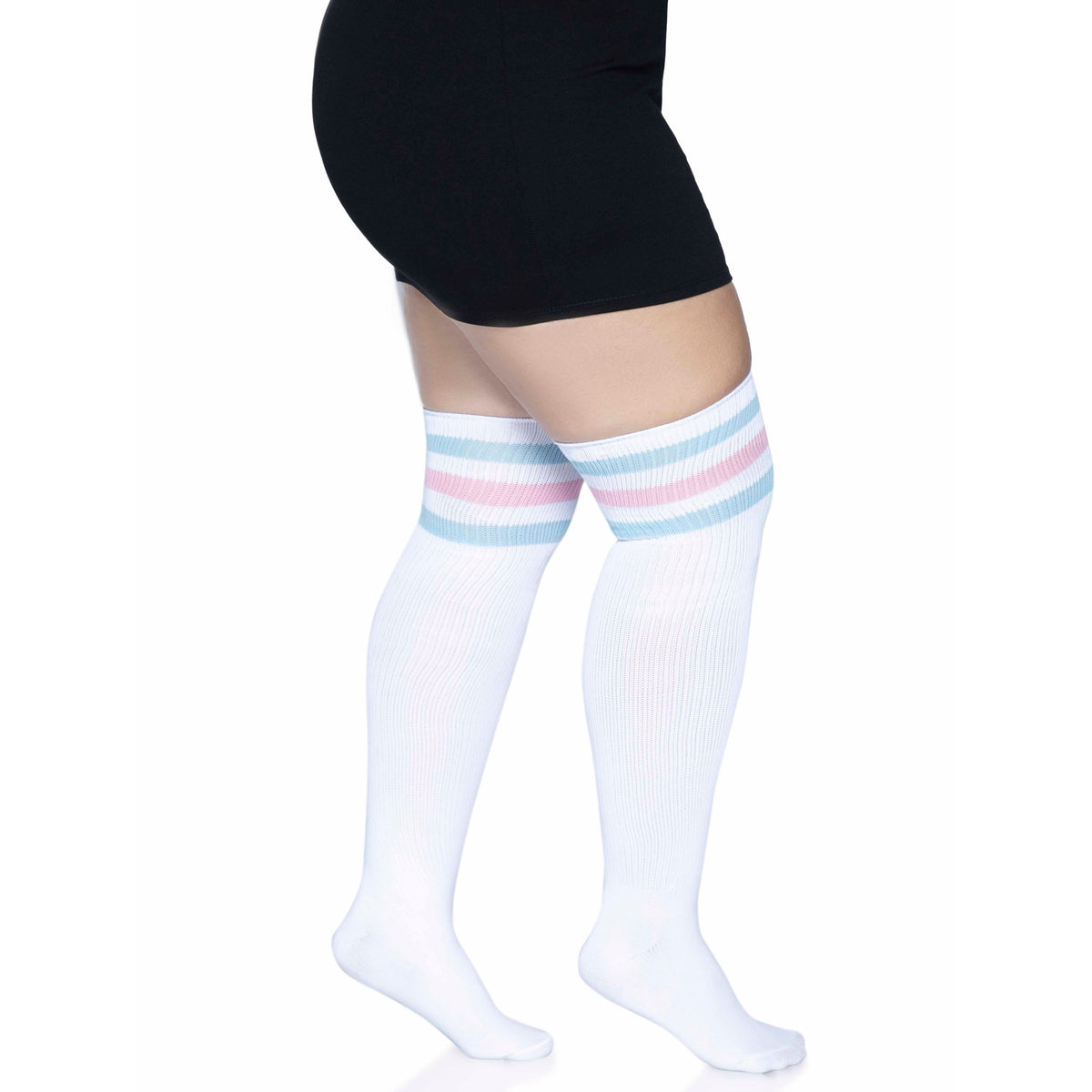 Side view of white, pink & blue plus size over the knee athletic socks - Golddiggers Boutique