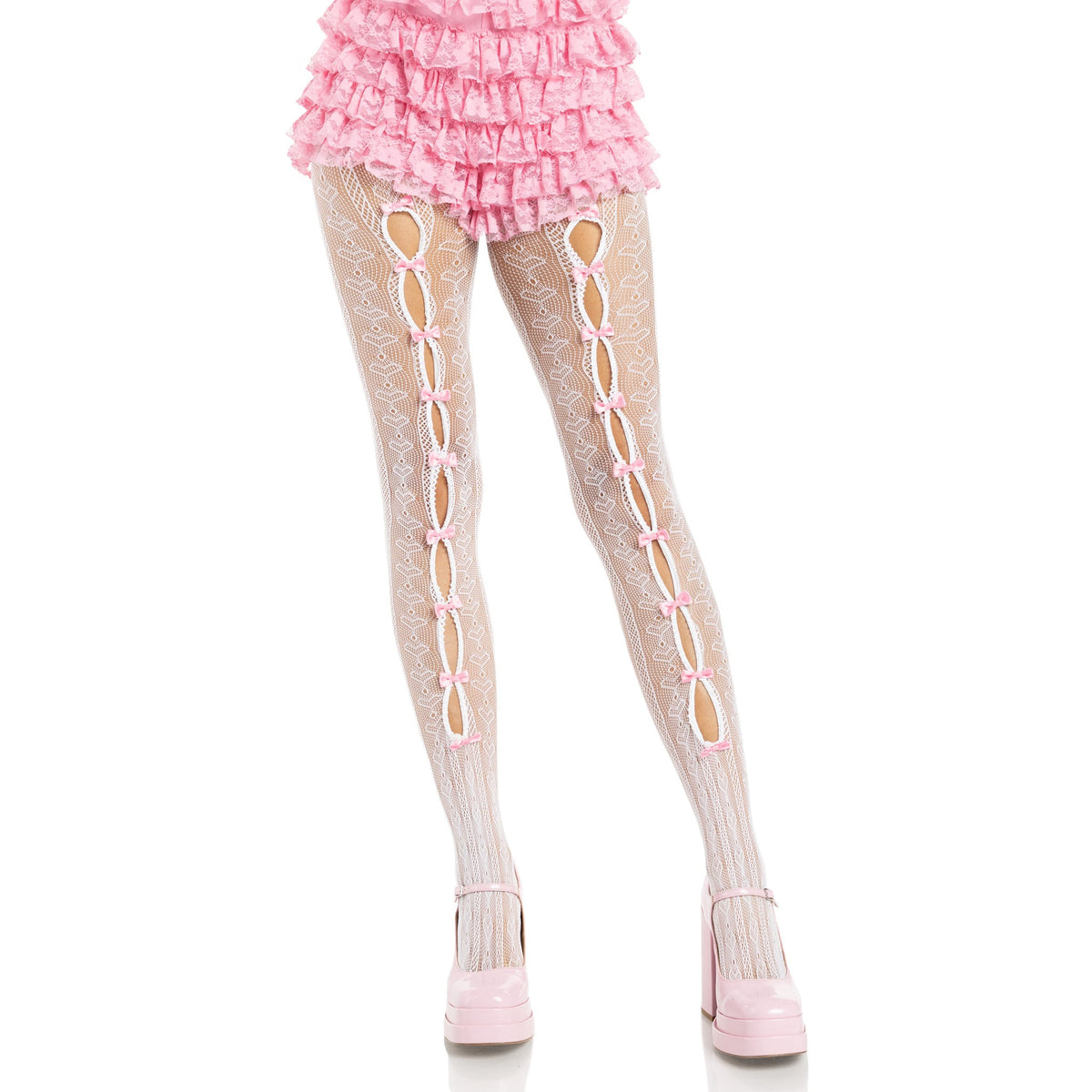 Front view of white & pink striped net tights with keyholes and mini bows - Golddiggers Boutique
