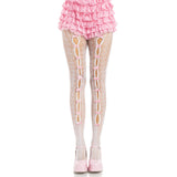 Front view of white & pink striped net tights with keyholes and mini bows - Golddiggers Boutique