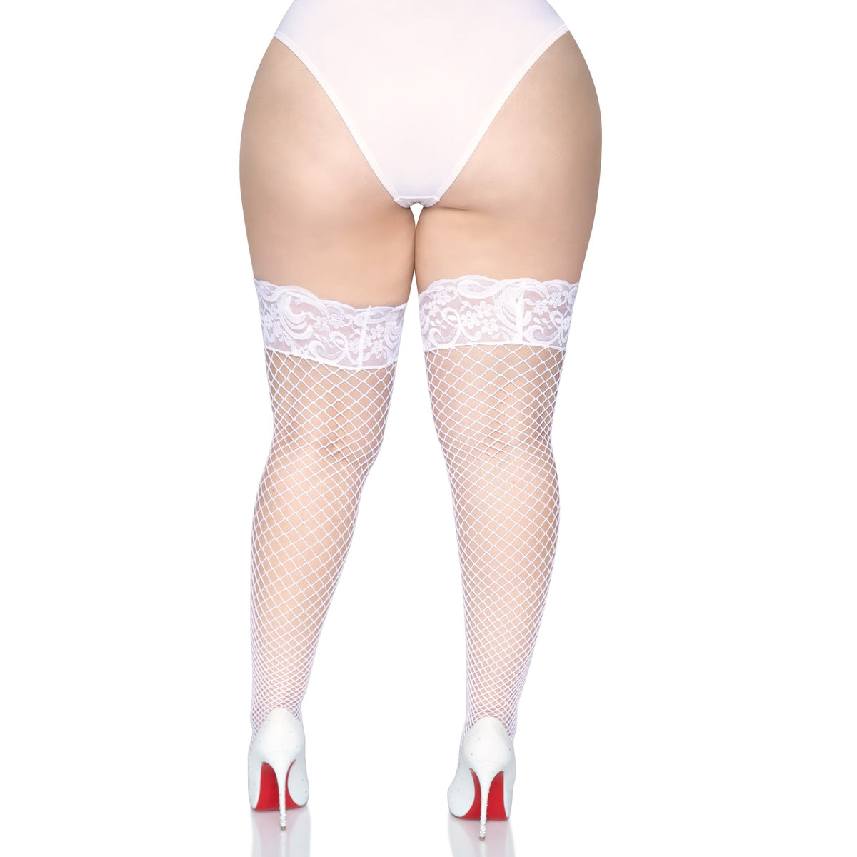 Back view of white plus size lace top industrial net stay-up thigh highs - Golddiggers Boutique