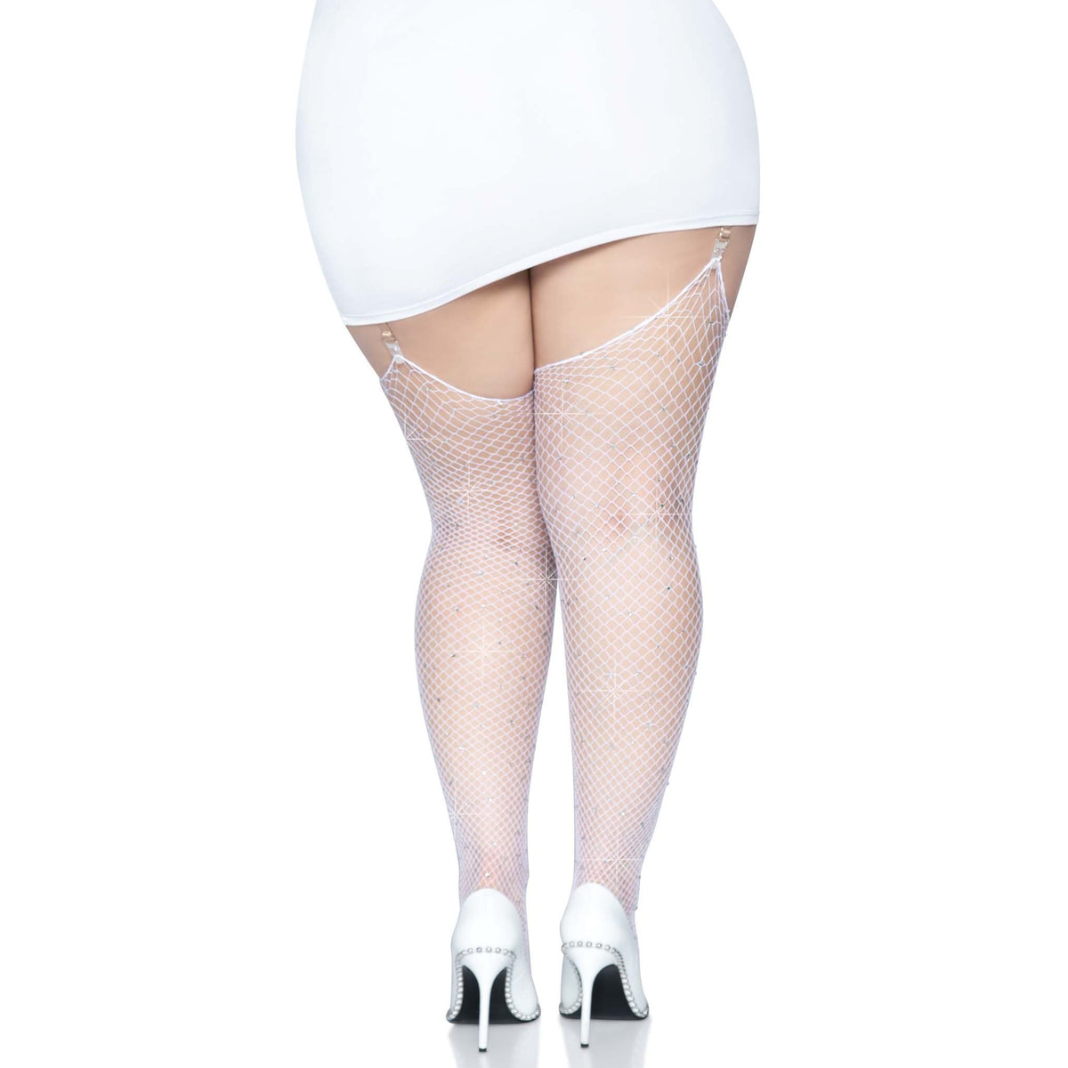 Back view of white plus size rhinestone fishnet stockings - Golddiggers Boutique
