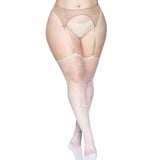 Front view of white plus size rhinestone fishnet stockings - Golddiggers Boutique