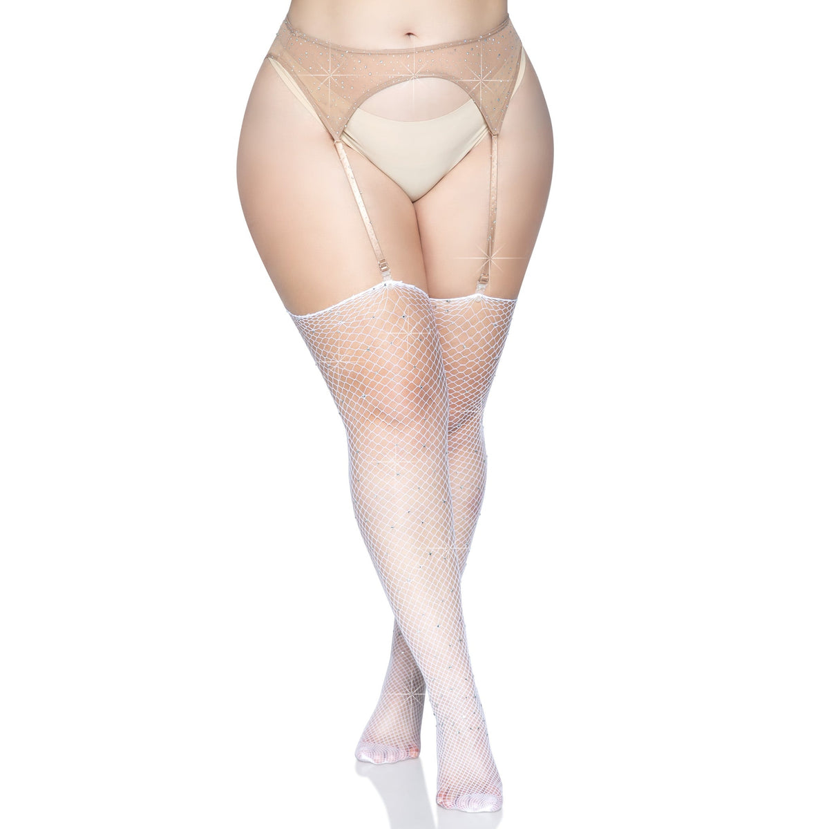 Front view of white plus size rhinestone fishnet stockings - Golddiggers Boutique