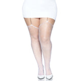 Front view of white plus size rhinestone fishnet stockings - Golddiggers Boutique