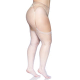 Side view of white plus size rhinestone fishnet stockings - Golddiggers Boutique