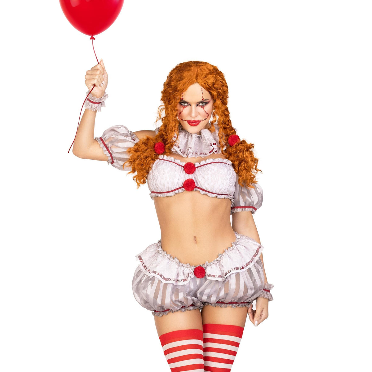 Close front pose of white and red creepy clown costume with bloomers and neck ruffle - Golddiggers Boutique
