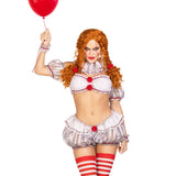 Close front pose of white and red creepy clown costume with bloomers and neck ruffle - Golddiggers Boutique