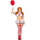 Front pose of white and red creepy clown costume with bloomers and neck ruffle - Golddiggers Boutique
