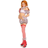 Side view of white and red creepy clown costume with bloomers and neck ruffle - Golddiggers Boutique