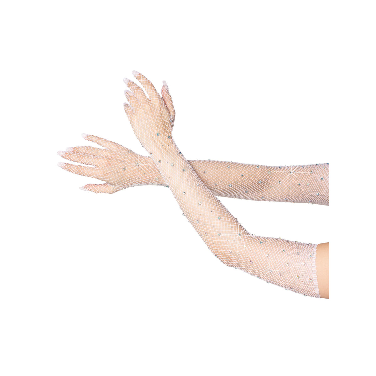 Close-up front view of white rhinestone fishnet opera gloves - Golddiggers Boutique