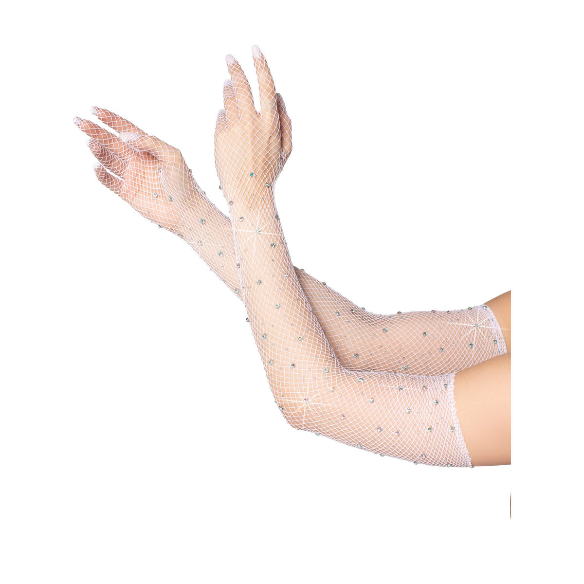 Close-up side view of white rhinestone fishnet opera gloves - Golddiggers Boutique