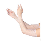 Close-up side view of white rhinestone fishnet opera gloves - Golddiggers Boutique