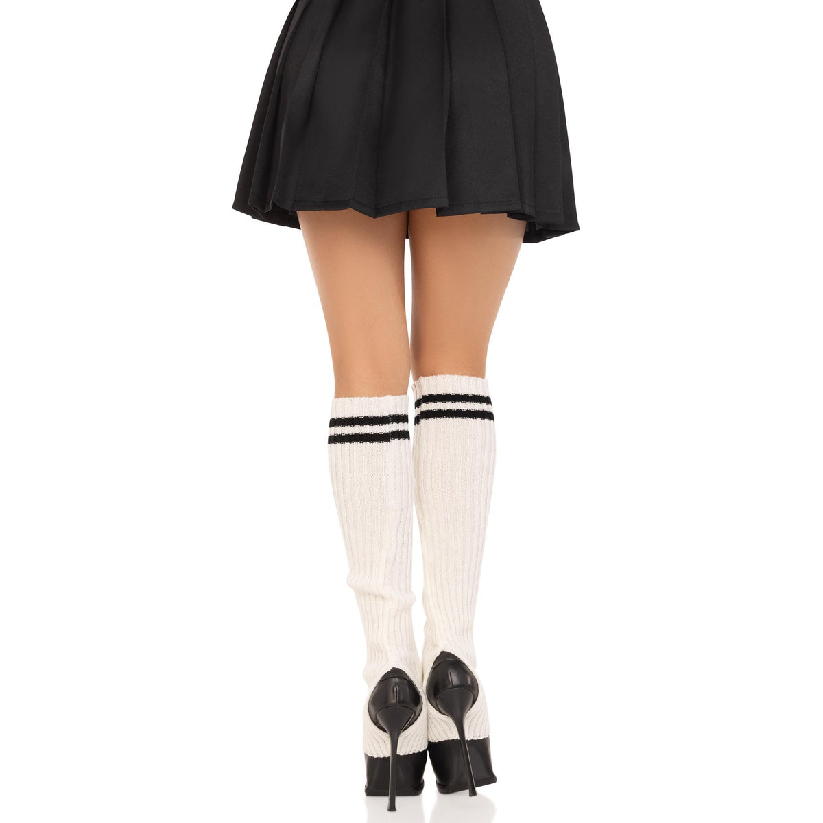 Back view of white ribbed stirrup leg warmers with athletic stripes - Golddiggers Boutique