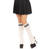 Front view of white ribbed stirrup leg warmers with athletic stripes - Golddiggers Boutique