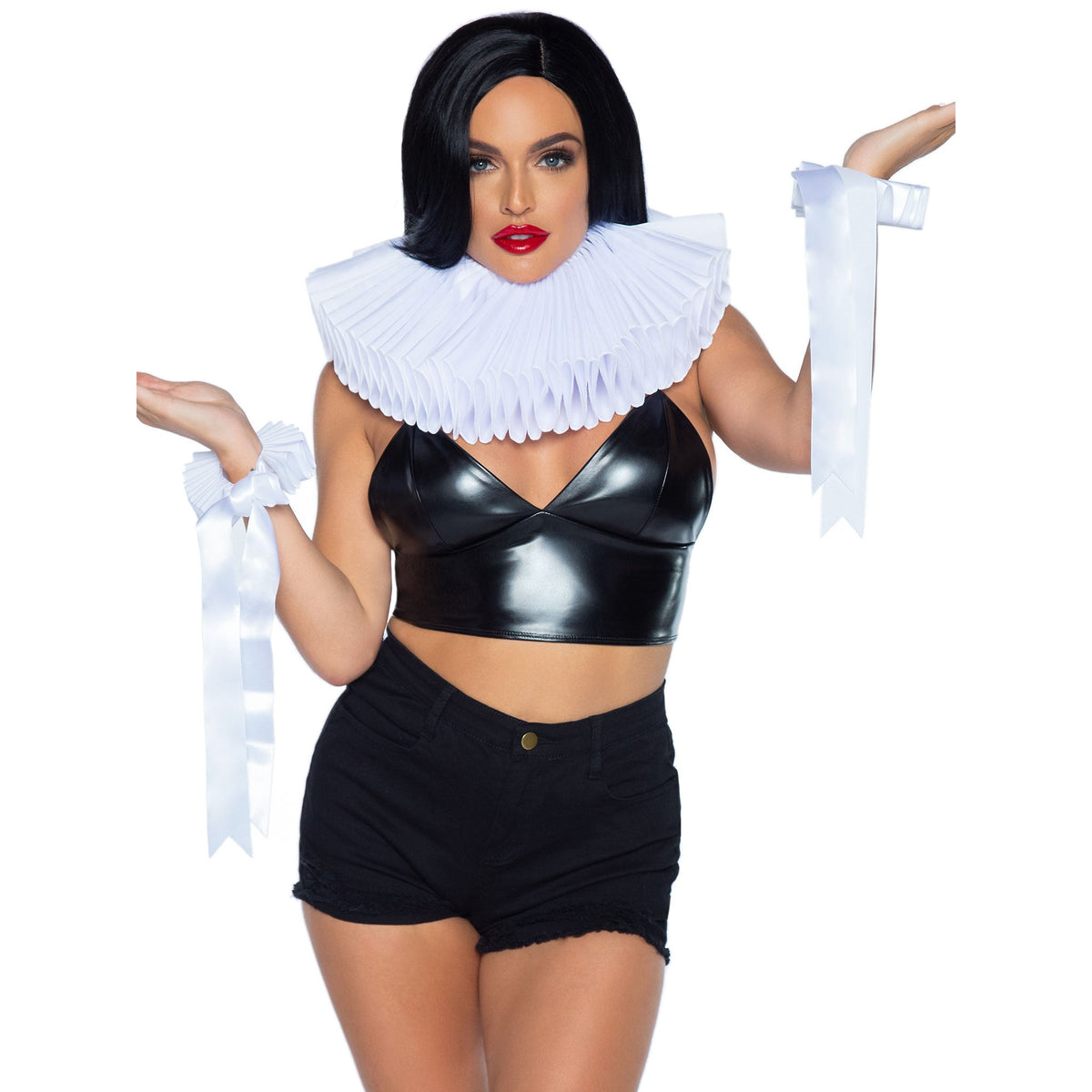 Front view of white ruffle collar and ribbon wrist cuffs kit - Golddiggers Boutique