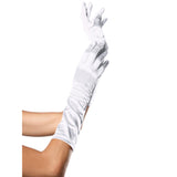Close-up front view of white satin elbow length gloves - Golddiggers Boutique