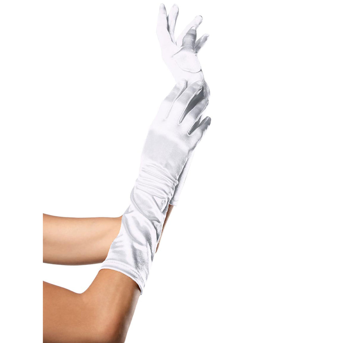 Close-up front view of white satin elbow length gloves - Golddiggers Boutique