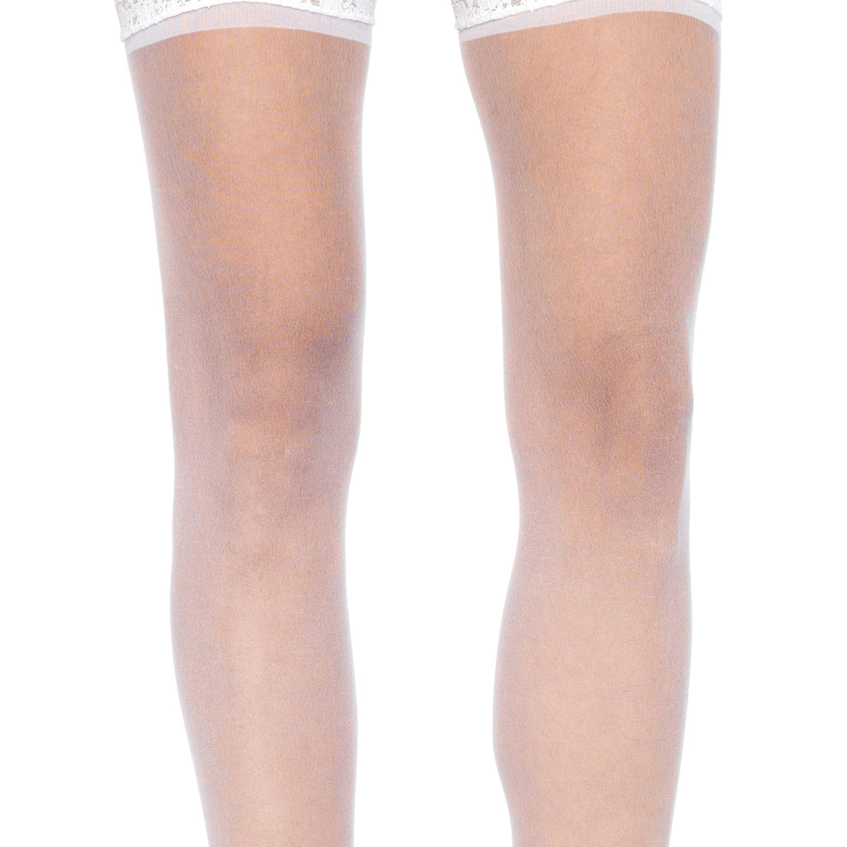 Close-up front view of white sheer lace top stockings with attached lace garter belt - Golddiggers Boutique