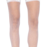 Close-up front view of white sheer lace top stockings with attached lace garter belt - Golddiggers Boutique