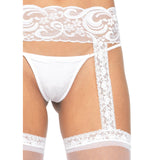 Close-up front view of white sheer lace top stockings with attached lace garter belt - Golddiggers Boutique