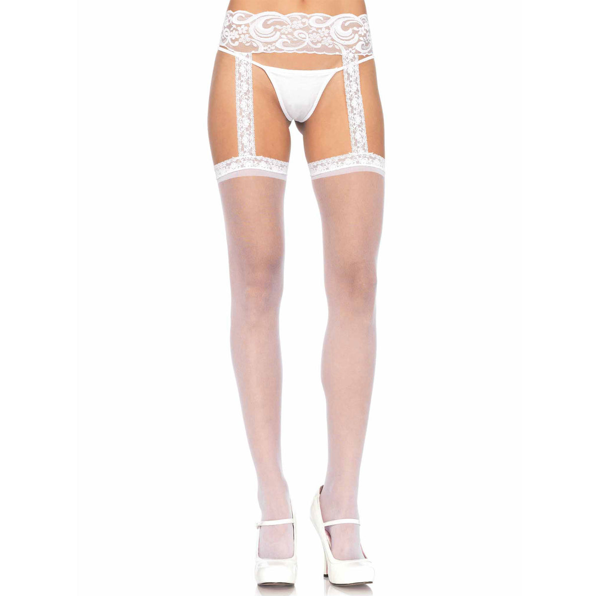 Front view of white sheer lace top stockings with attached lace garter belt - Golddiggers Boutique