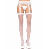 Front view of white sheer lace top stockings with attached lace garter belt - Golddiggers Boutique