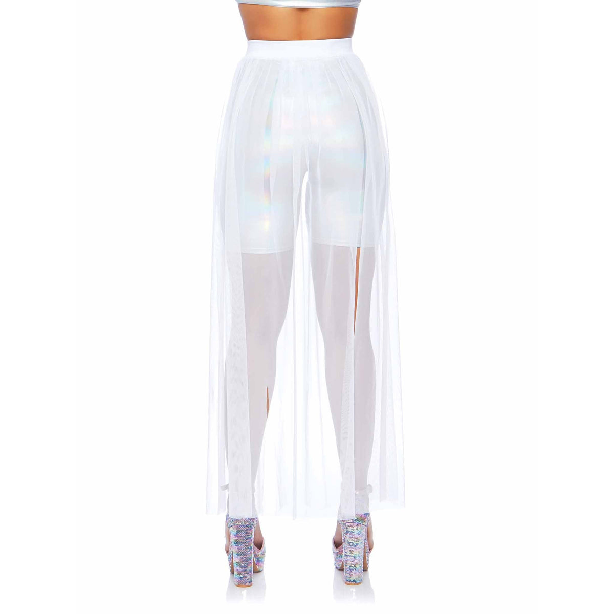 Close-up back view of white sheer multi-slit maxi skirt - Golddiggers Boutique