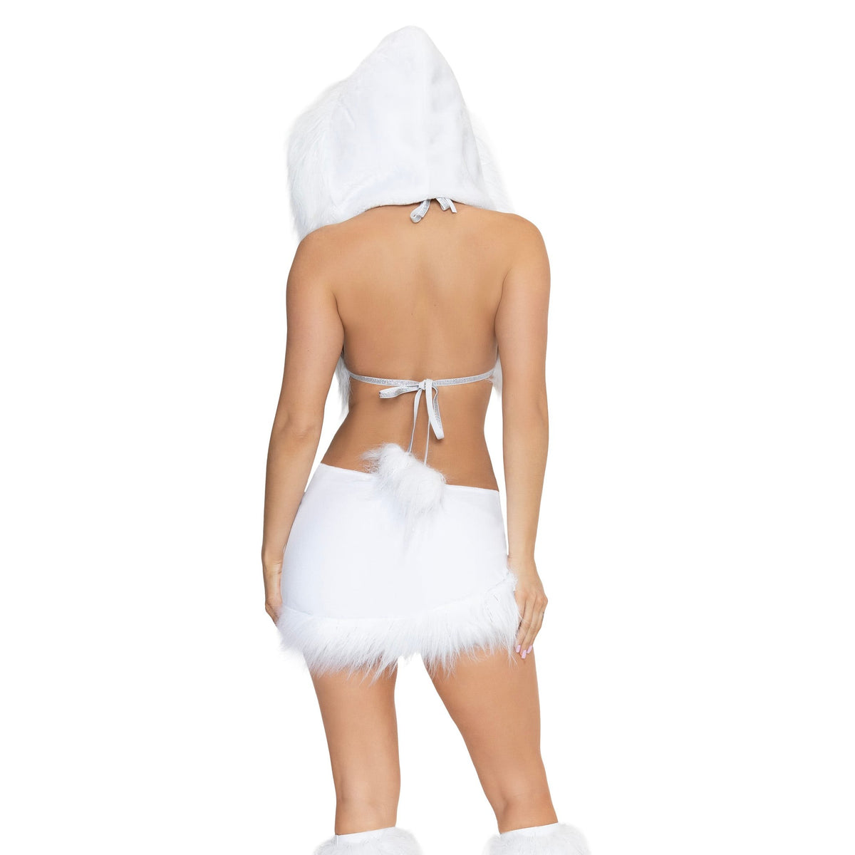 Close back view of white snow bunny costume with tinsel fur bra top and hood - Golddiggers Boutique
