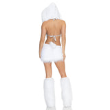 Back view of white snow bunny costume with tinsel fur bra top and hood - Golddiggers Boutique