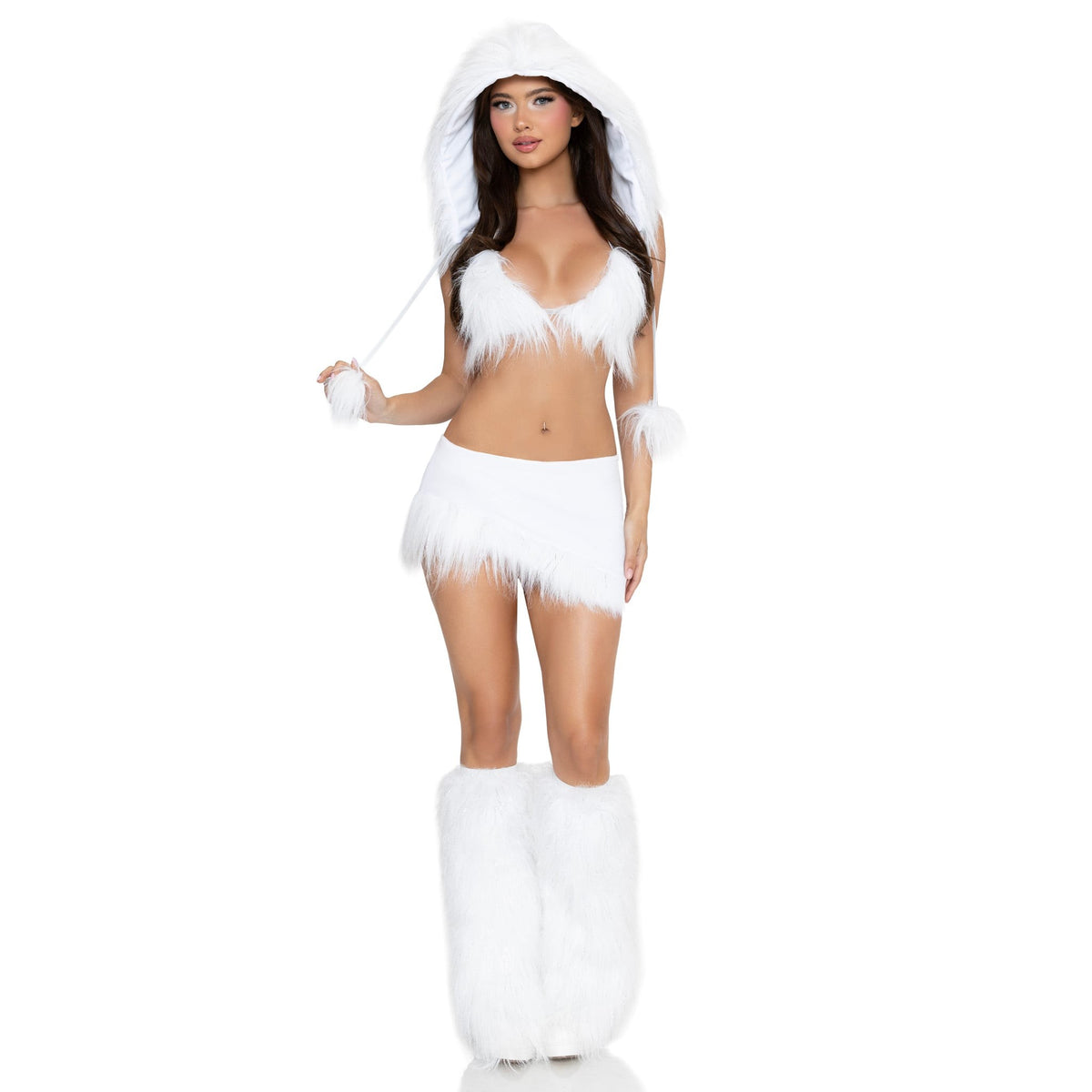 Front pose of white snow bunny costume with tinsel fur bra top and hood - Golddiggers Boutique