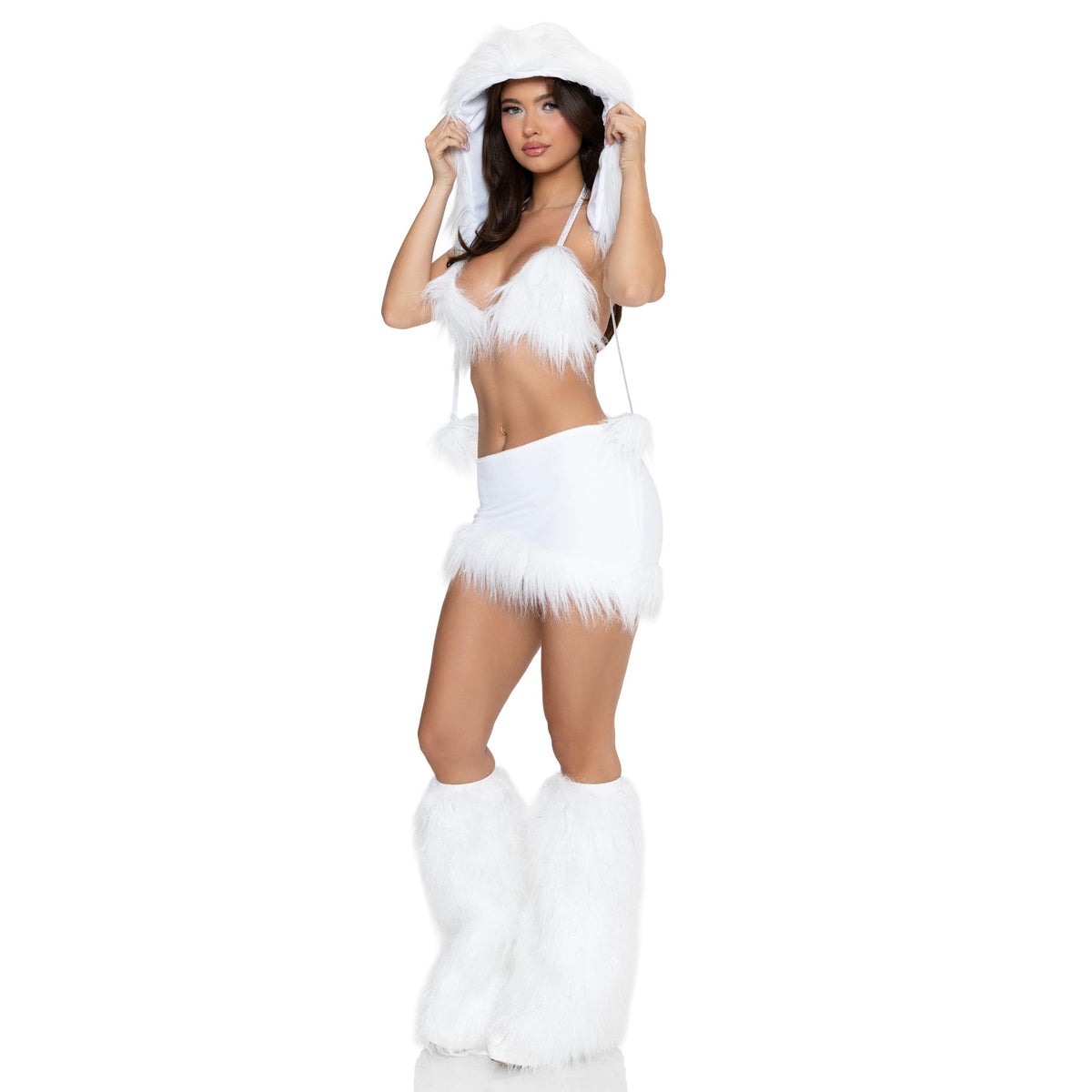 Side view of white snow bunny costume with tinsel fur bra top and hood - Golddiggers Boutique