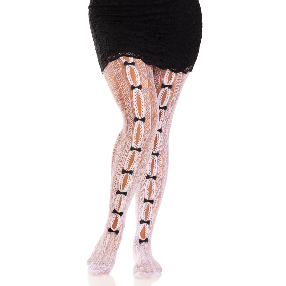 Front view of white striped net tights with keyholes and mini bows - Golddiggers Boutique
