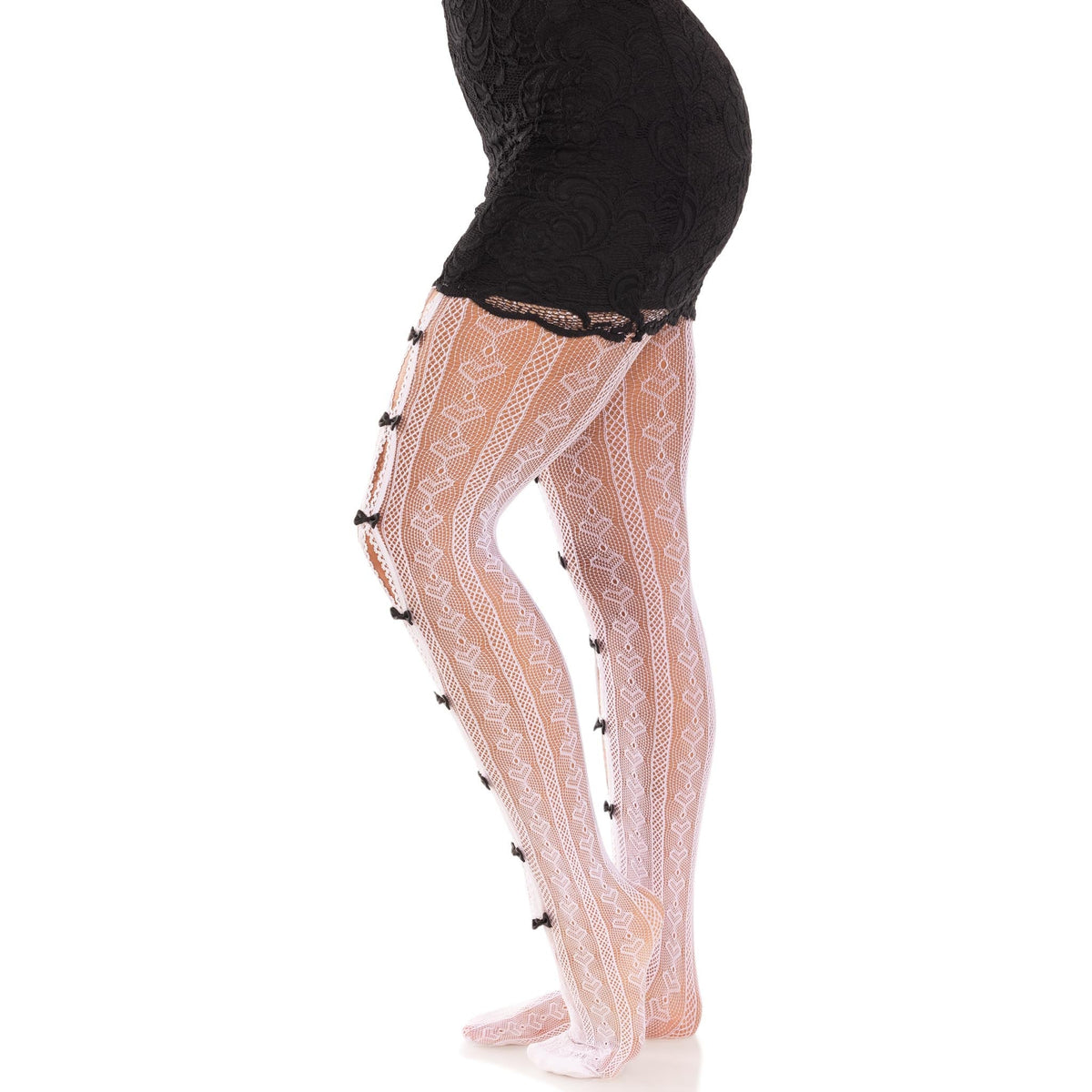 Side view of white striped net tights with keyholes and mini bows - Golddiggers Boutique