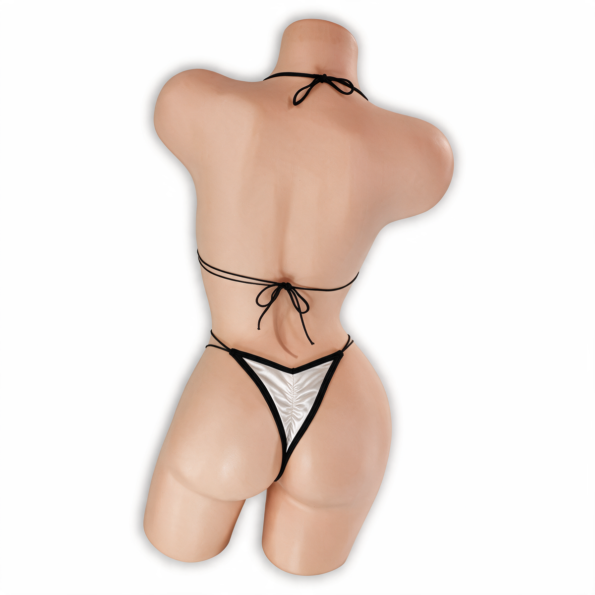 Whoosh White Dakota Criss Cross Slingshot Bodysuit back view on mannequin, bow tie back and scrunch thong