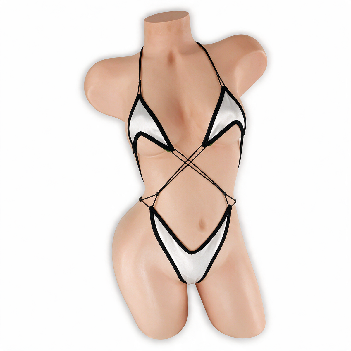 Whoosh White Dakota Criss Cross Slingshot Bodysuit front view on mannequin, black trim and criss cross strings