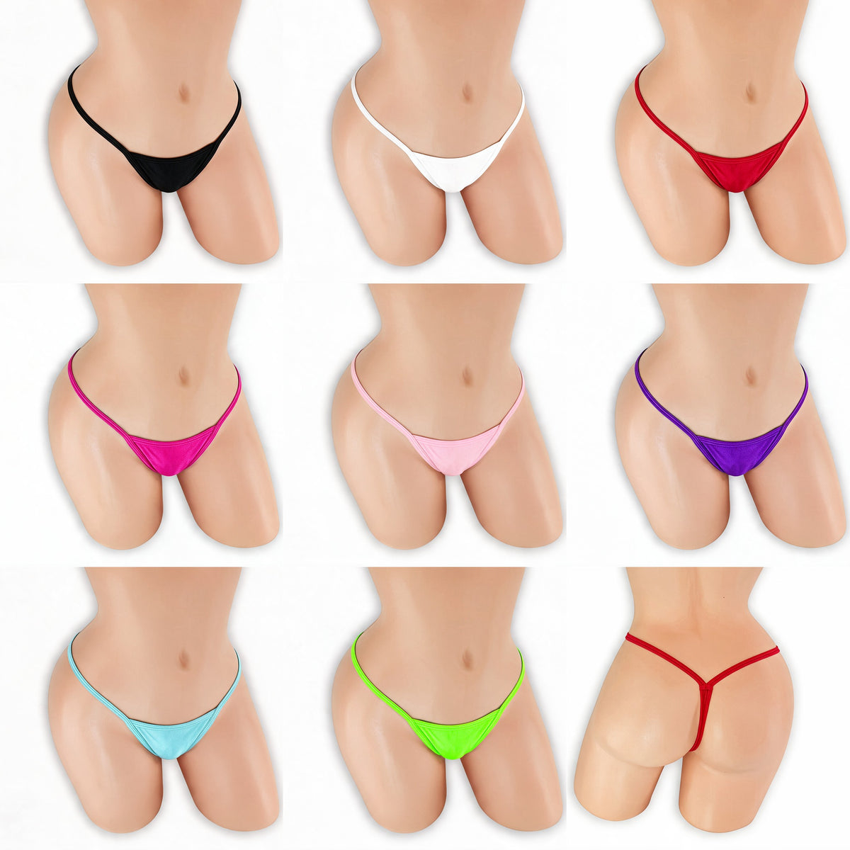 Wide Strap Low Rise V-Back Thong on mannequin in all 8 colors, Golddiggers Boutique