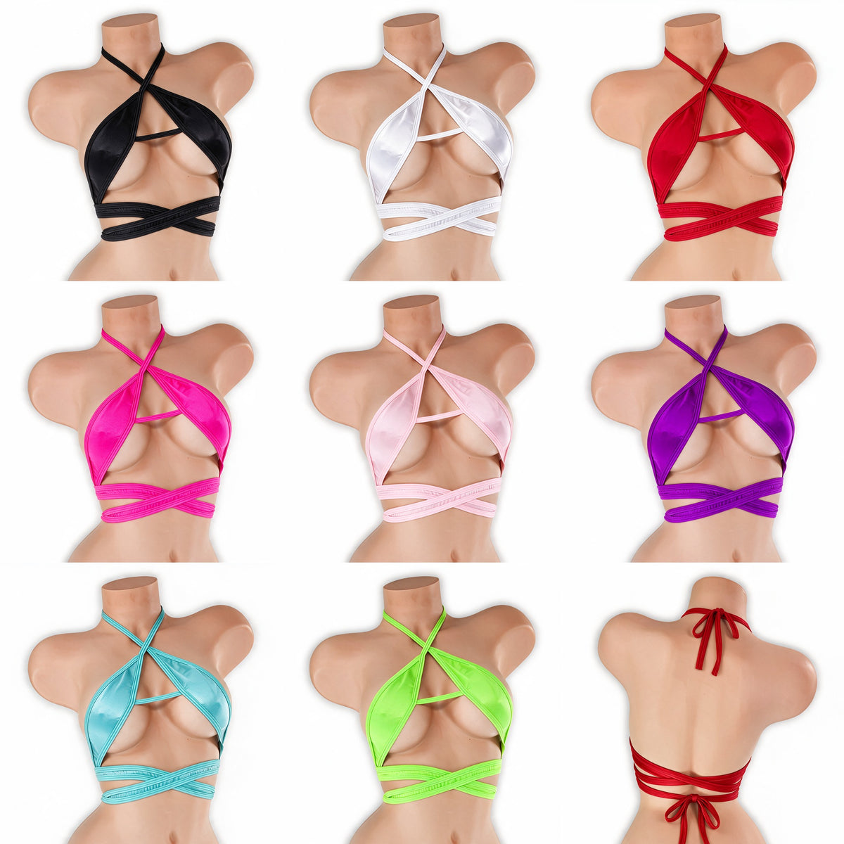 Wrap Around Strappy Top on mannequin in all 8 colors, Golddiggers Boutique