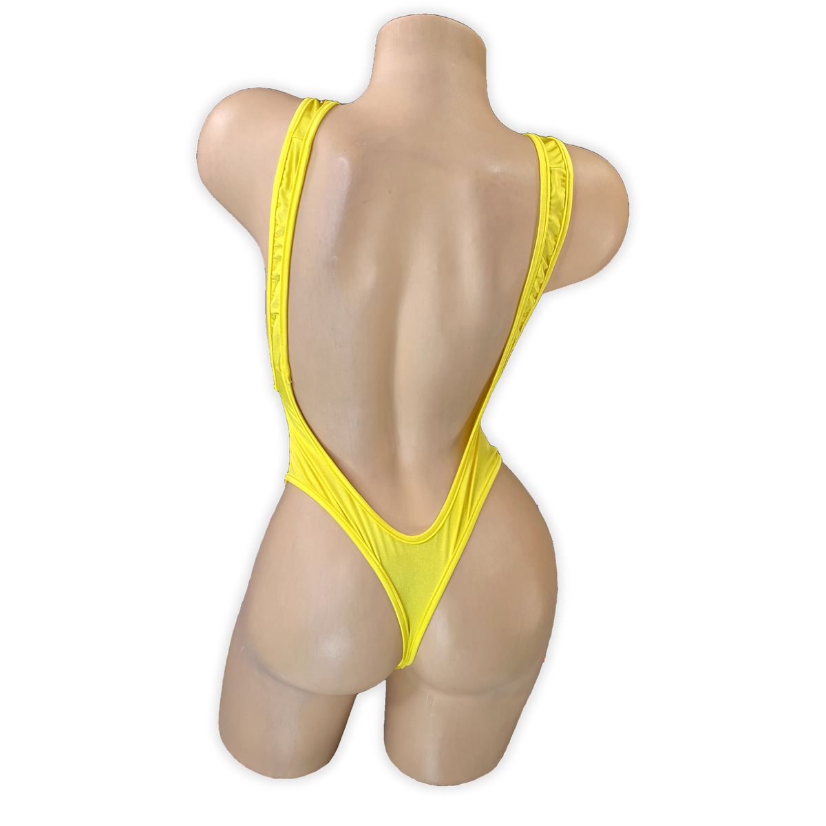 Yellow Blair rhinestone cutout tank bodysuit, back view with open back and thong
