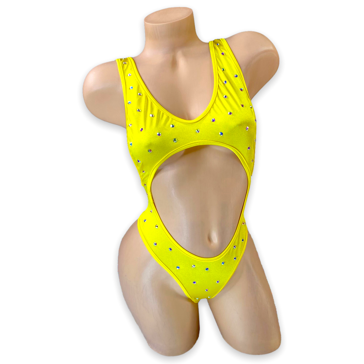 Yellow Blair rhinestone cutout tank bodysuit, front view on mannequin