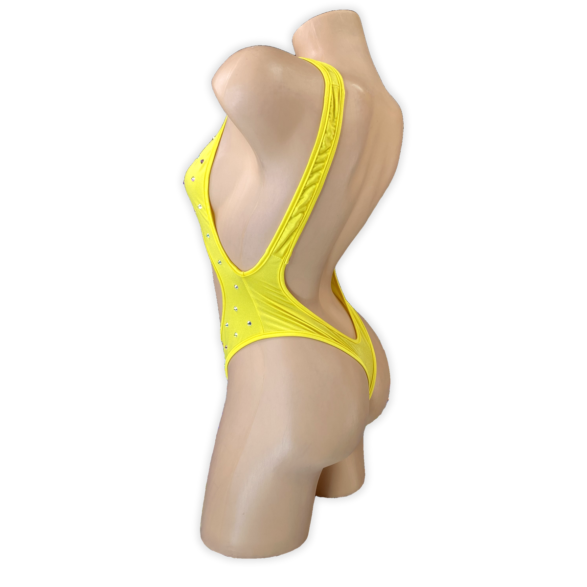 Yellow Blair rhinestone cutout tank bodysuit, side view showing the open back
