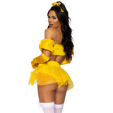 Close back view of yellow fairytale beauty costume with glitter bra top and ribbon skirt - Golddiggers Boutique